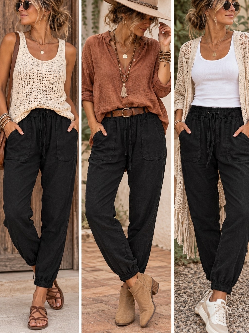 C&C California Linen Black Drawstring Joggers